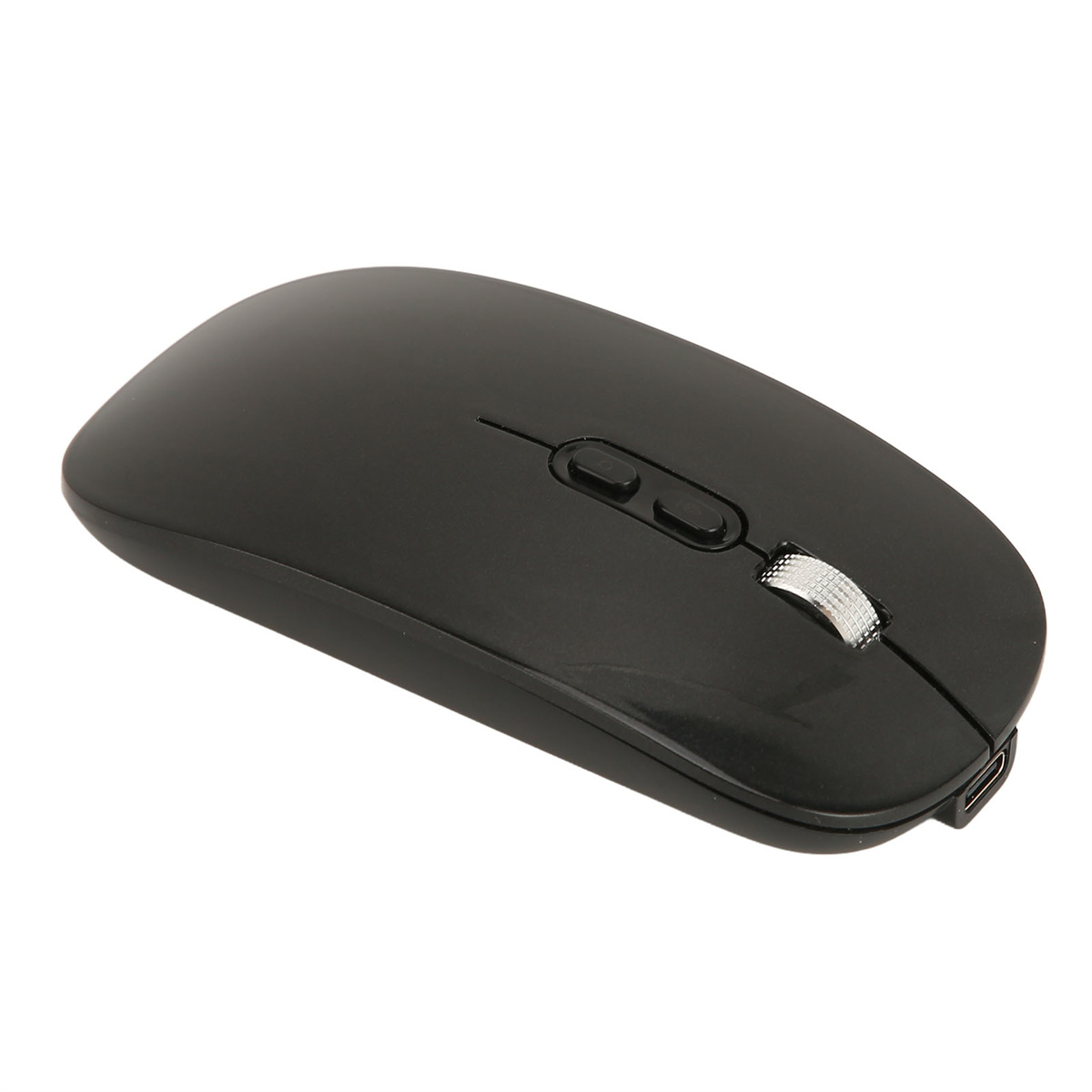 Schwarze, kabellose Computermaus mit zwei Tasten und einem Scrollrad. Sie hat ein schlankes, glattes Design.