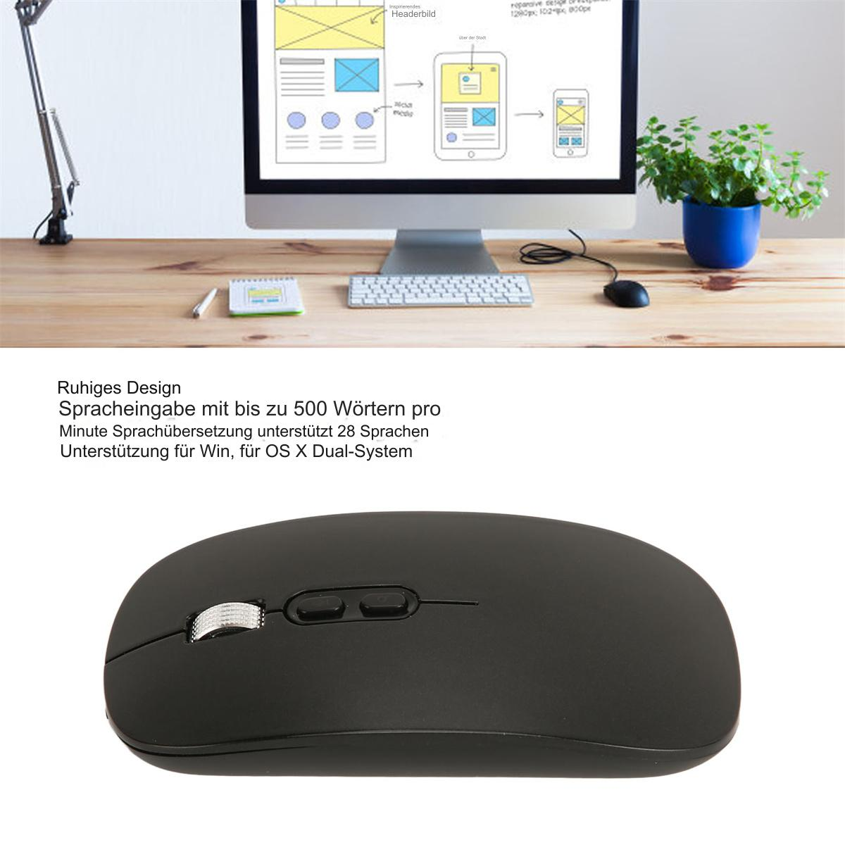 Schwarze Computermaus auf einem Schreibtisch. Monitor, Pflanze und Notizblock sichtbar.