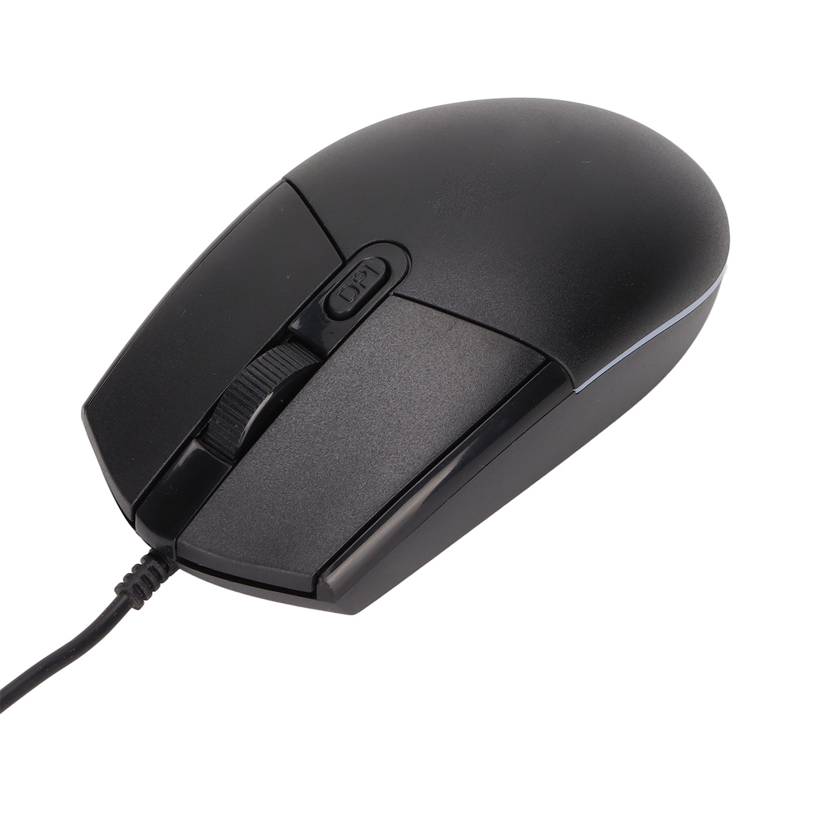 Eine schwarze Computermaus mit Scrollrad und zwei Tasten, auf weißem Hintergrund.