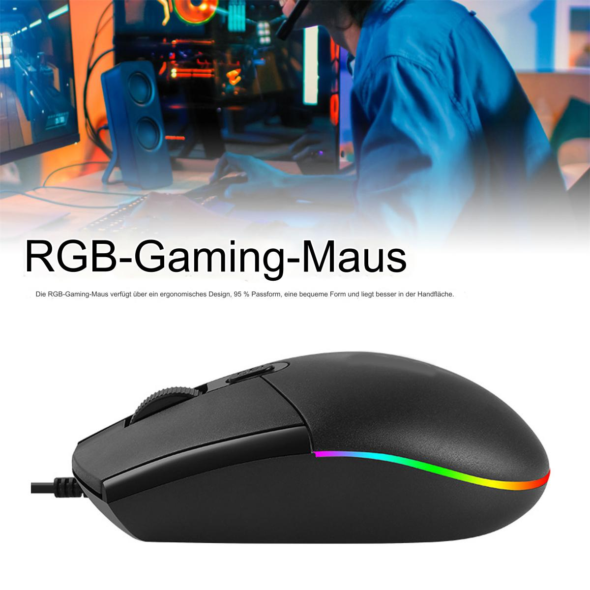 Schwarze RGB-Gaming-Maus mit farbigem Lichtstreifen und Kabel.