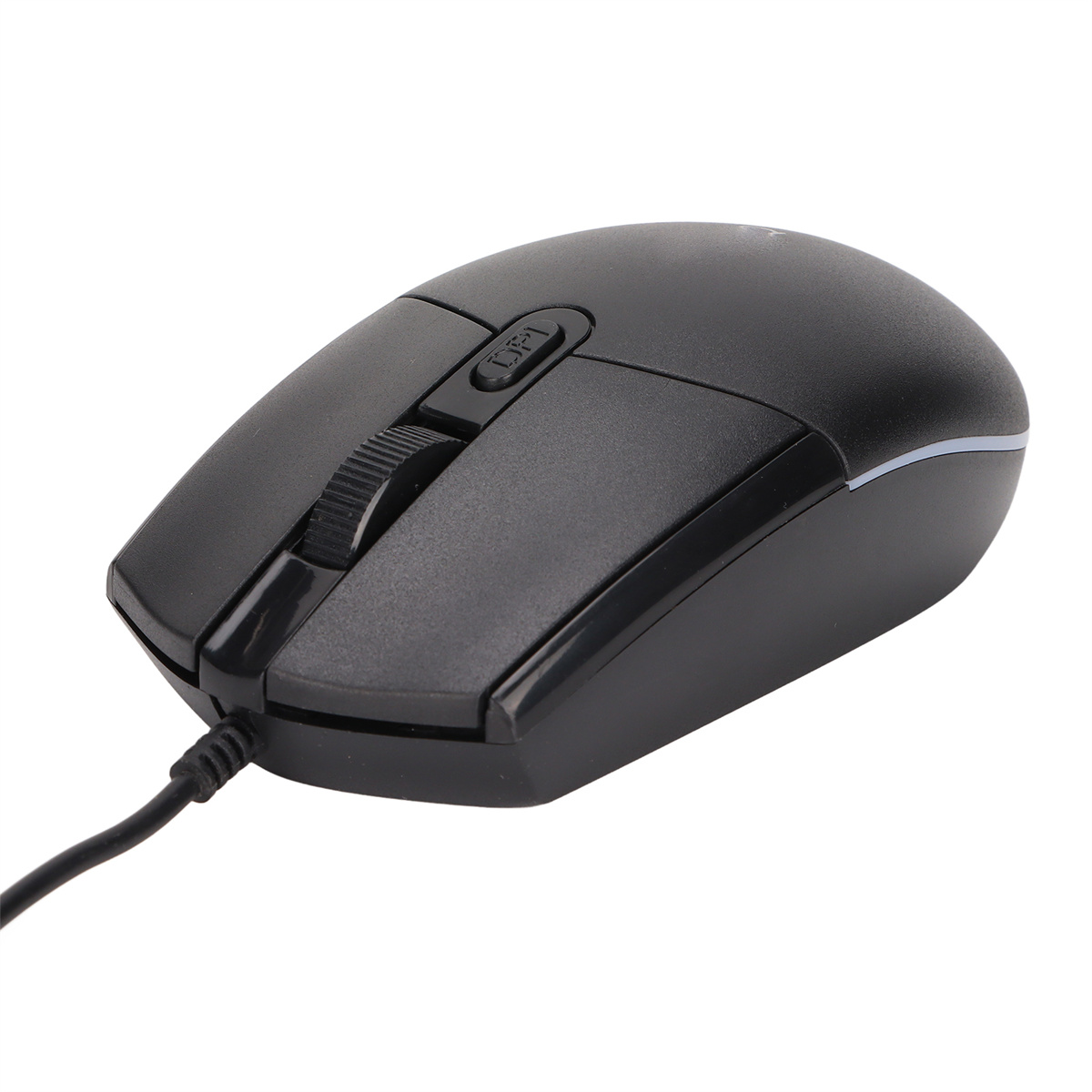 Eine schwarze Computermaus mit einem Scrollrad und zwei Tasten.