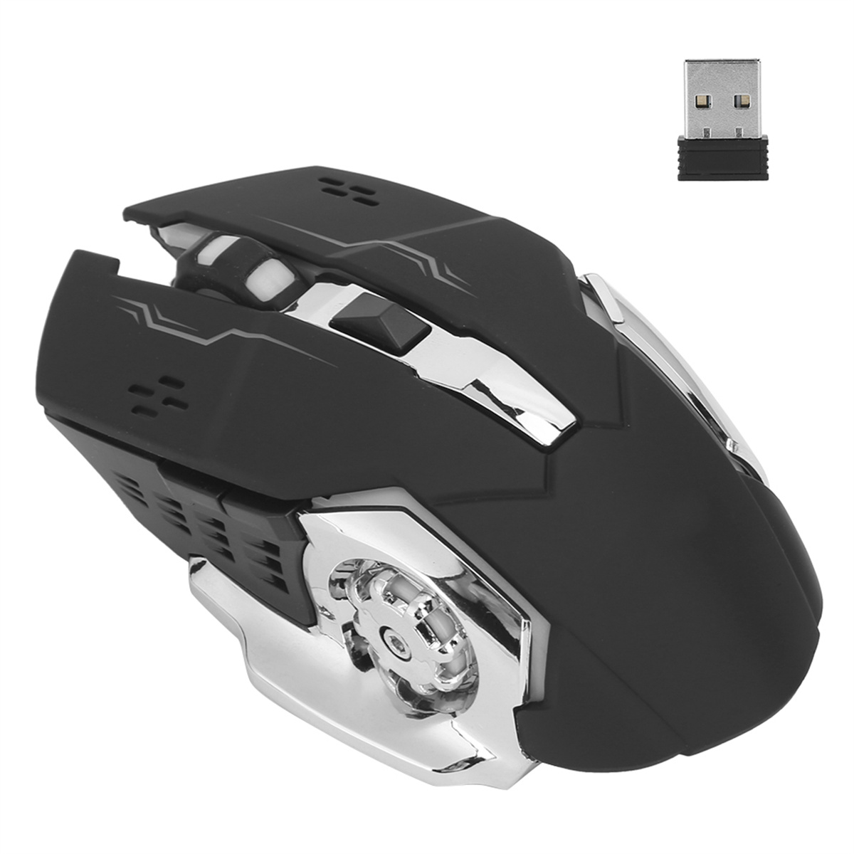 Schwarze und silberne Gaming-Maus. Enthält einen USB-Empfänger und Tasten.