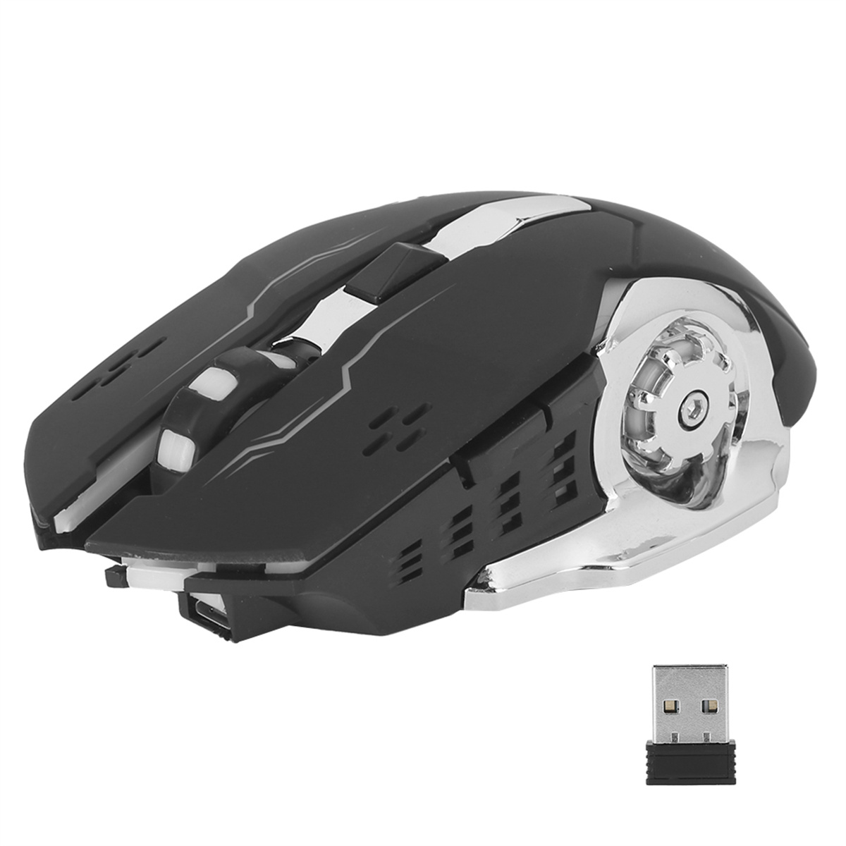 Eine schwarze und silberne Gaming-Maus mit Knöpfen und einem USB-Empfänger.