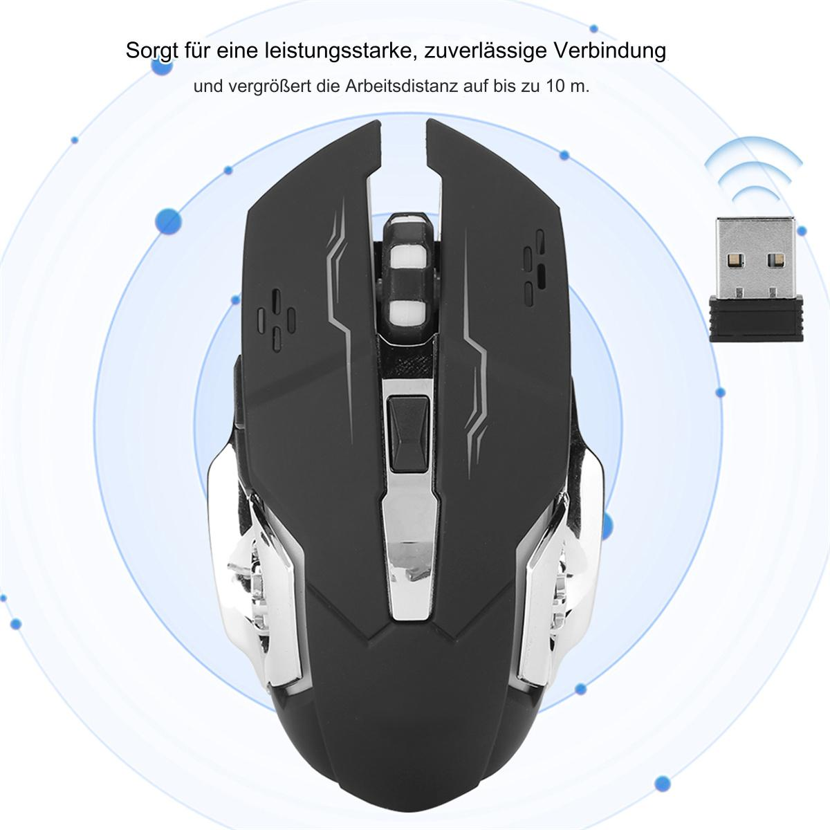 Schwarze und silberne kabellose Maus. USB-Empfänger gezeigt. Blaue Kreise im Hintergrund.
