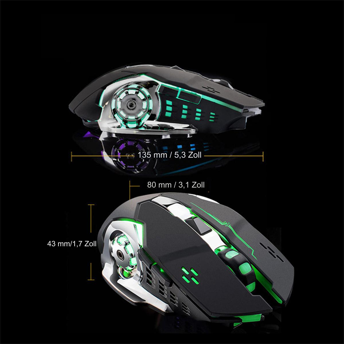 Gaming-Maus mit grünen und tealfarbenen Lichtern, schwarzer Hintergrund, Maße.