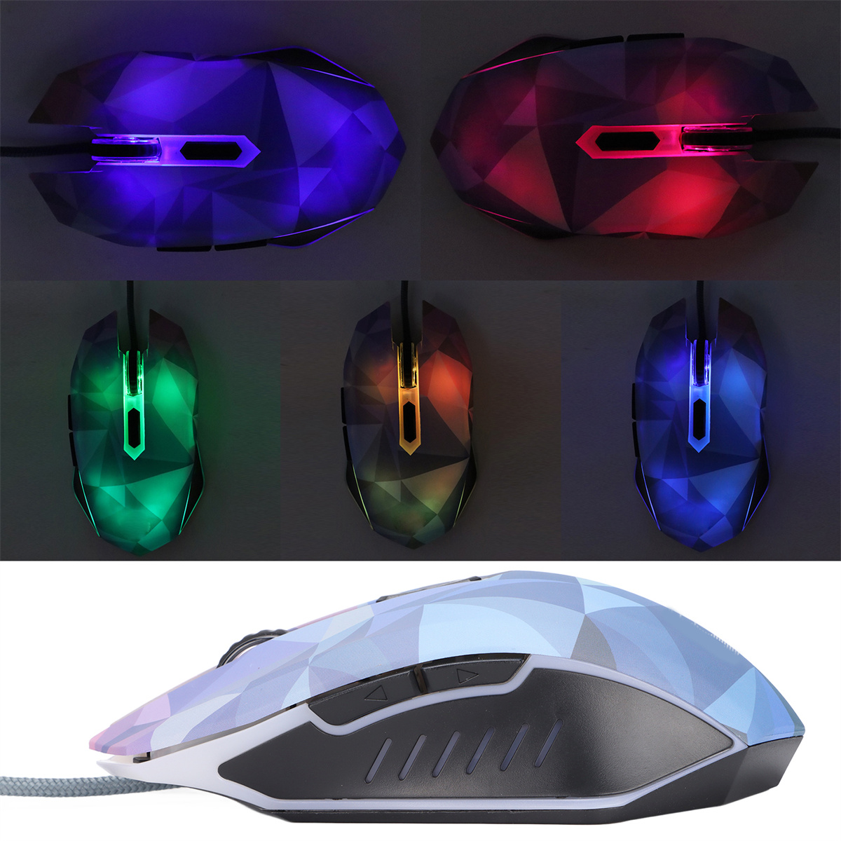 Mehrere beleuchtete Computer-Mäuse. Jede Maus hat verschiedenfarbige Lichter. Die Oberfläche ist schwarz.