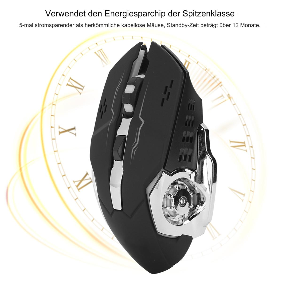 Schwarze und silberne kabellose Maus mit einer leuchtenden Uhr im Hintergrund.