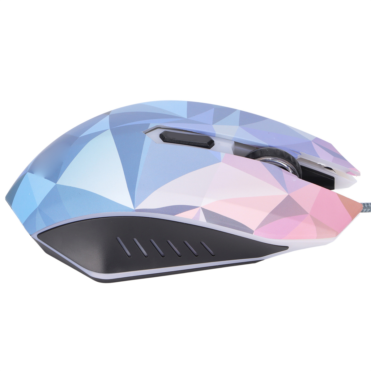 Eine Computermaus mit farbenfrohem, geometrischem Design. Sie hat Tasten und ein Scrollrad.