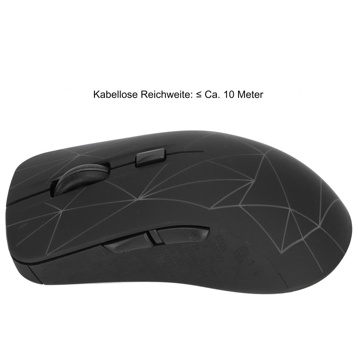 Eine schwarze Maus auf einer weißen Oberfläche. Die Maus hat ein geometrisches Muster auf der Oberseite.
