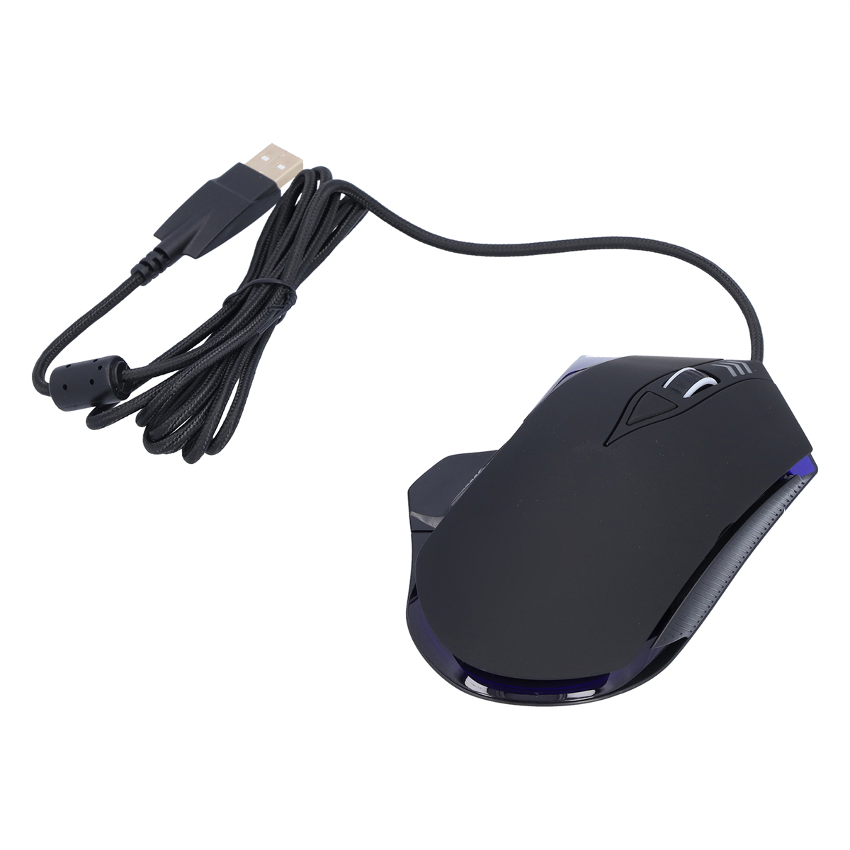 Schwarze Gaming-Maus mit USB-Kabel. Die Maus hat einen strukturierten Griff und mehrere Tasten. Weißer Hintergrund.
