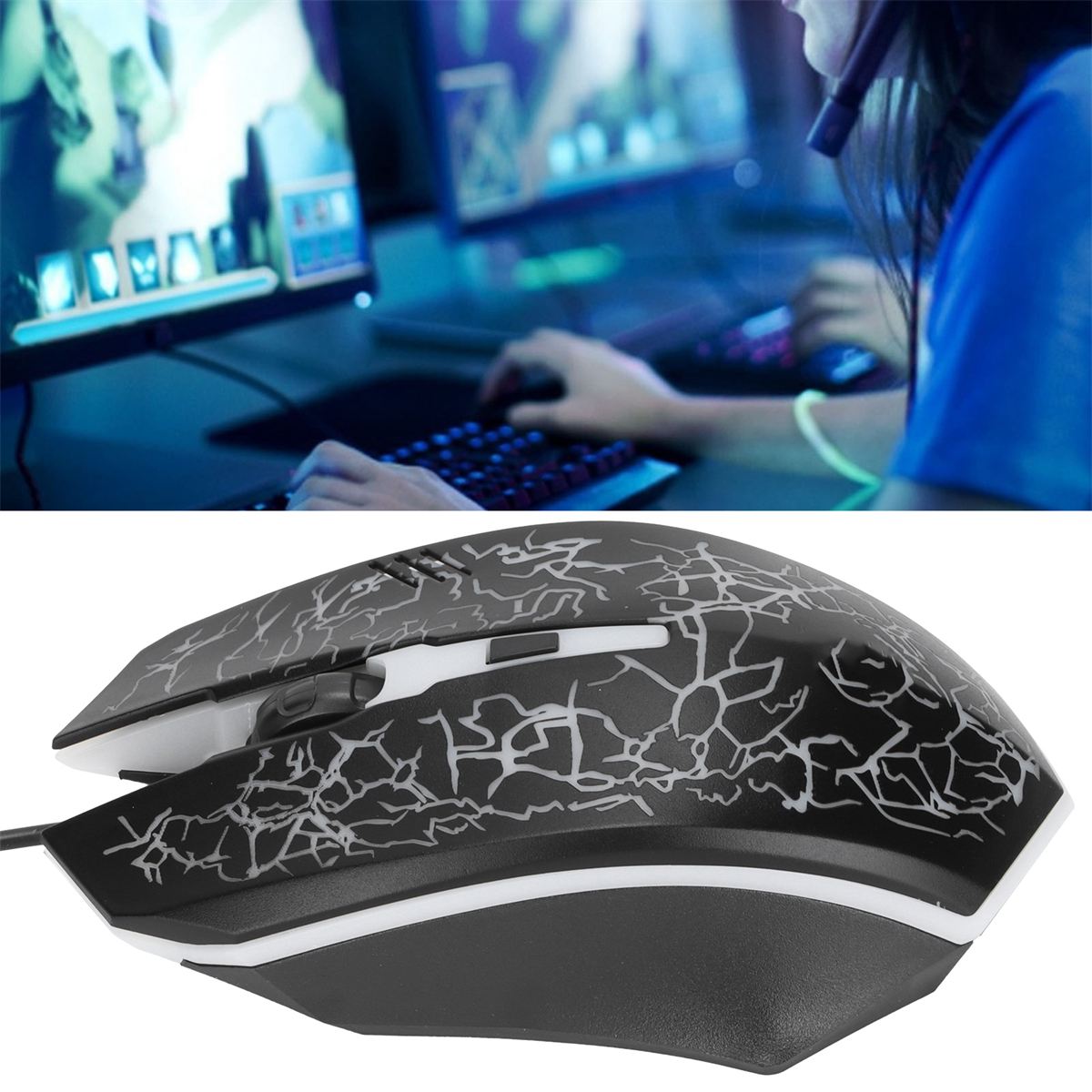 Gaming-Maus mit schwarzem Gehäuse und weißem Riss-Design.