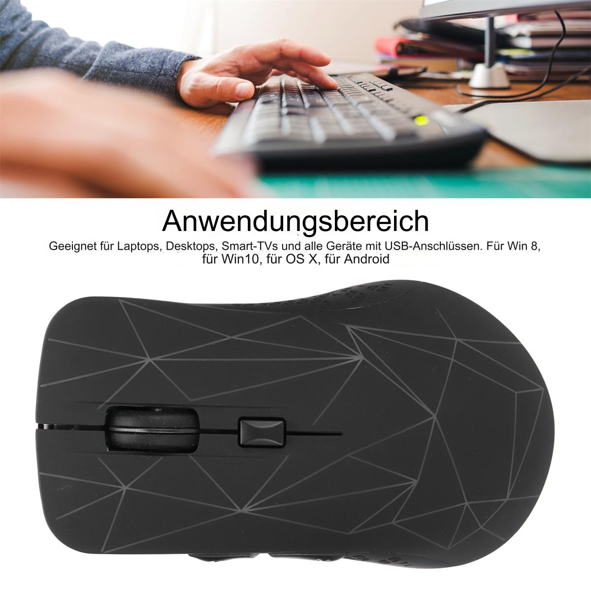 Hände einer Person, die eine schwarze, kabellose Maus und Tastatur auf einem Holztisch benutzen.