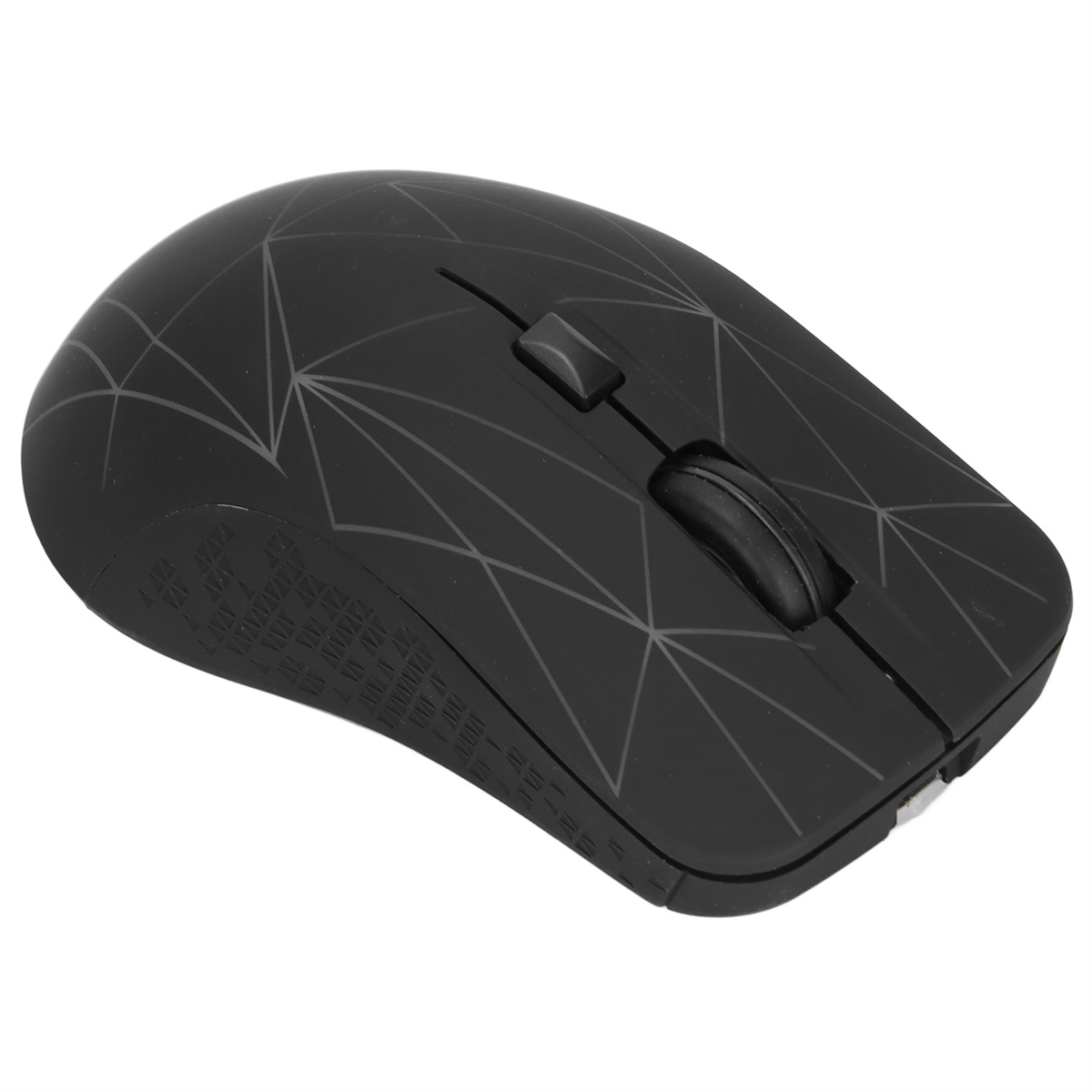 Schwarze kabellose Maus mit geometrischem Muster. Sie hat ein Rad und Tasten.