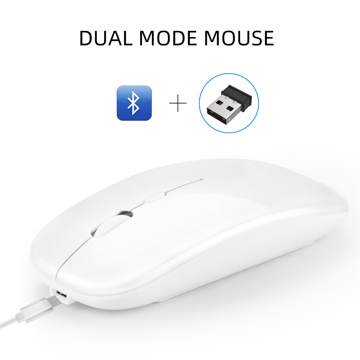 Eine weiße Maus mit USB-Anschluss, plus USB-Empfänger und Bluetooth-Symbol werden gezeigt.