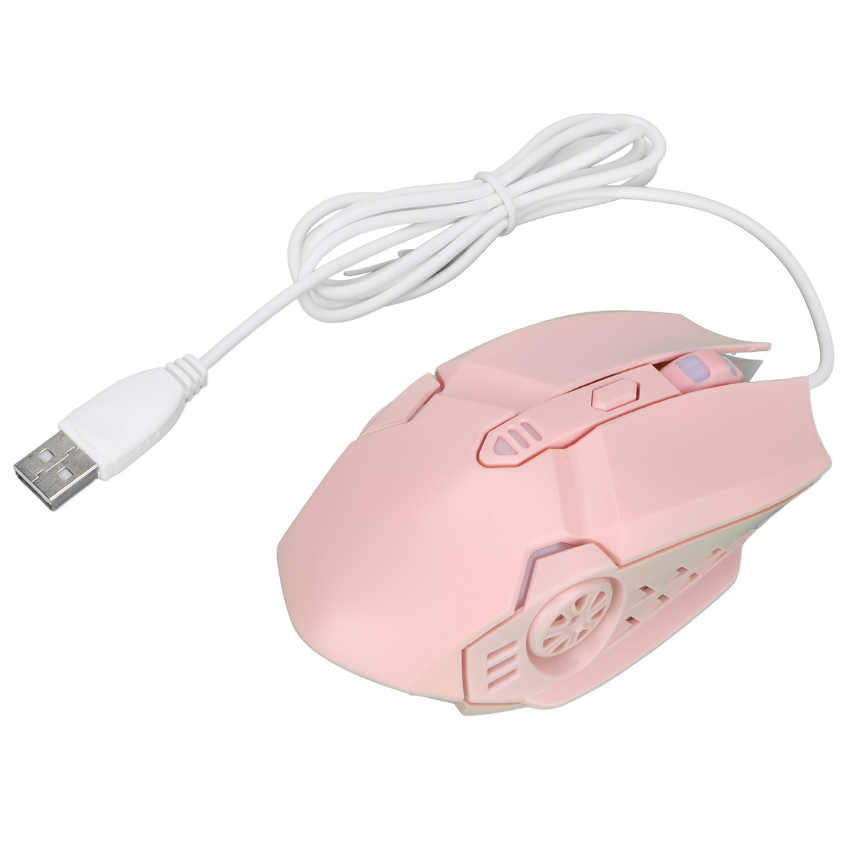 Eine rosa Computermaus mit weißem Kabel und USB-Anschluss. Hat Tasten und ein Scrollrad.
