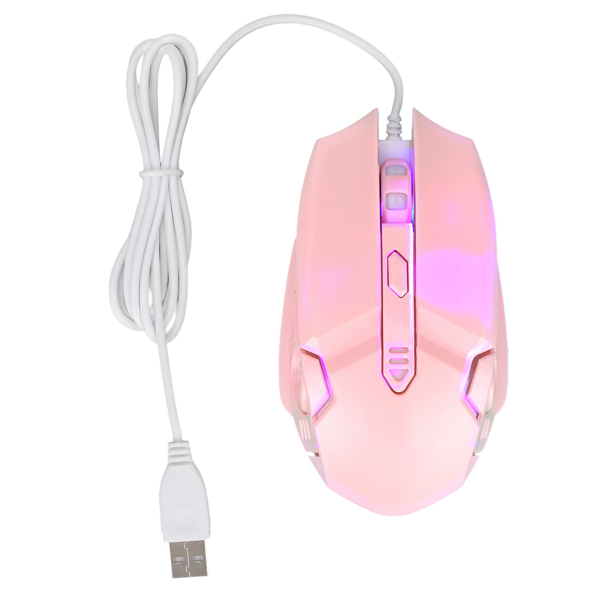 Pinke Gaming-Maus mit weißem USB-Kabel. Sie hat mehrere Tasten und ein futuristisches Design.