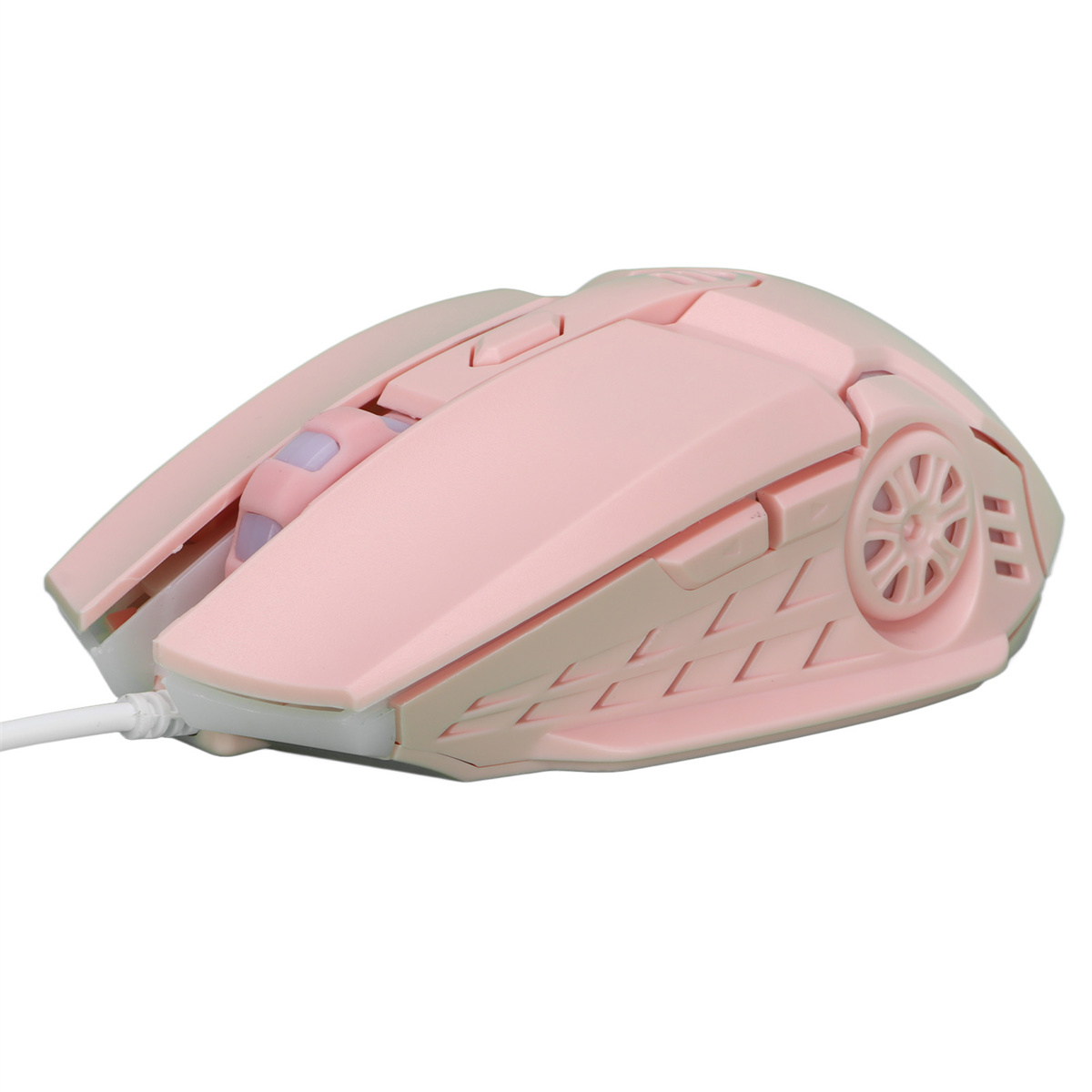 Rosa Gaming-Maus mit mehreren Tasten und weißem Kabel, auf weißer Oberfläche.