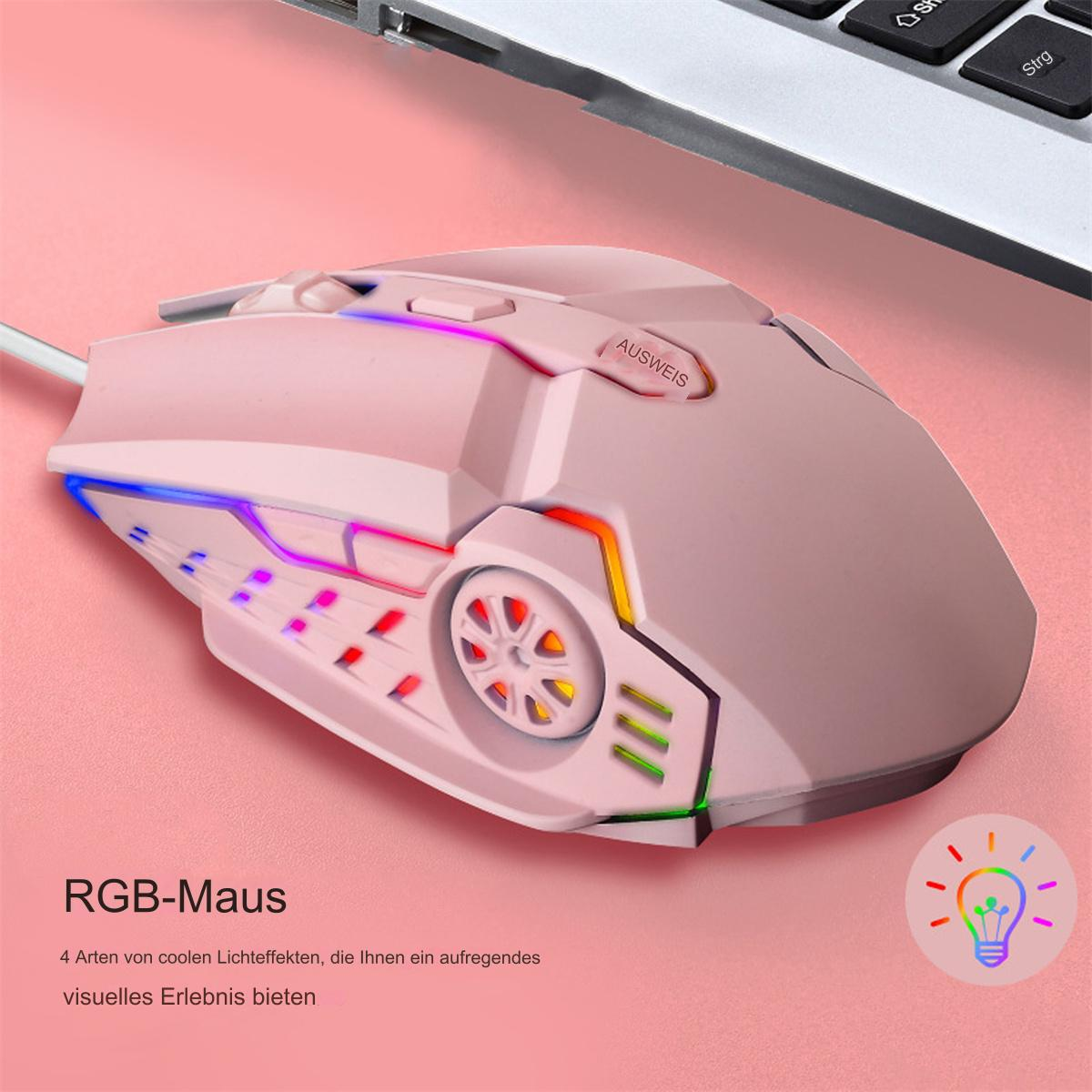 Rosa Gaming-Maus mit RGB-Lichtern. Sie hat viele Tasten und ein Kabel.