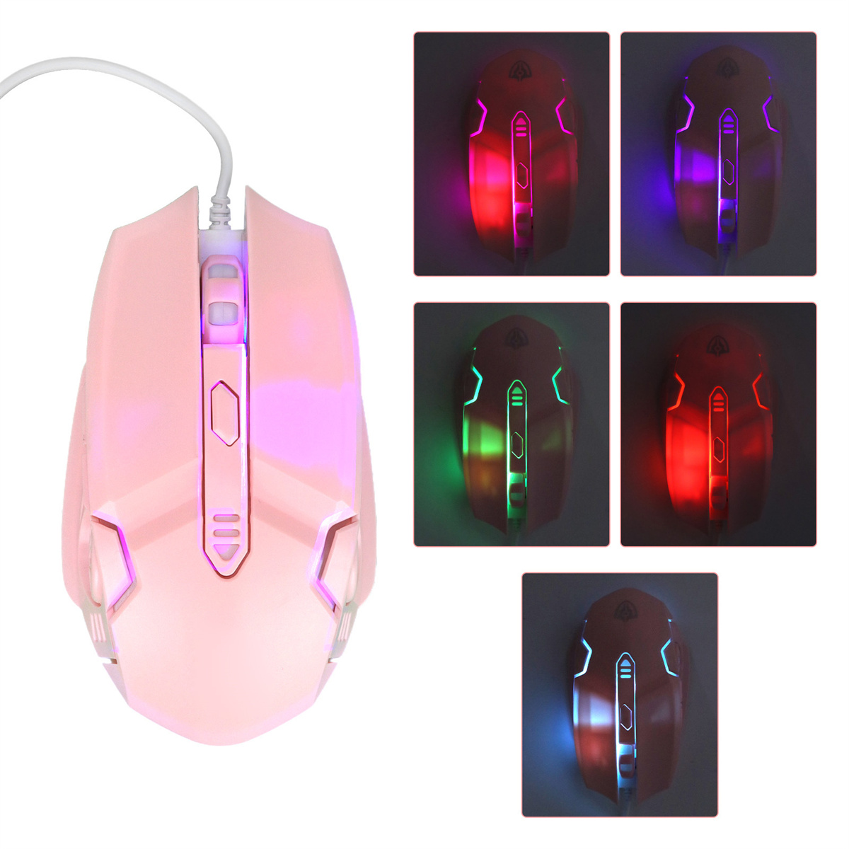 Rosa Gaming-Maus mit verschiedenen Lichtmodi. Sie hat ein Kabel und mehrere Lichtoptionen werden gezeigt.
