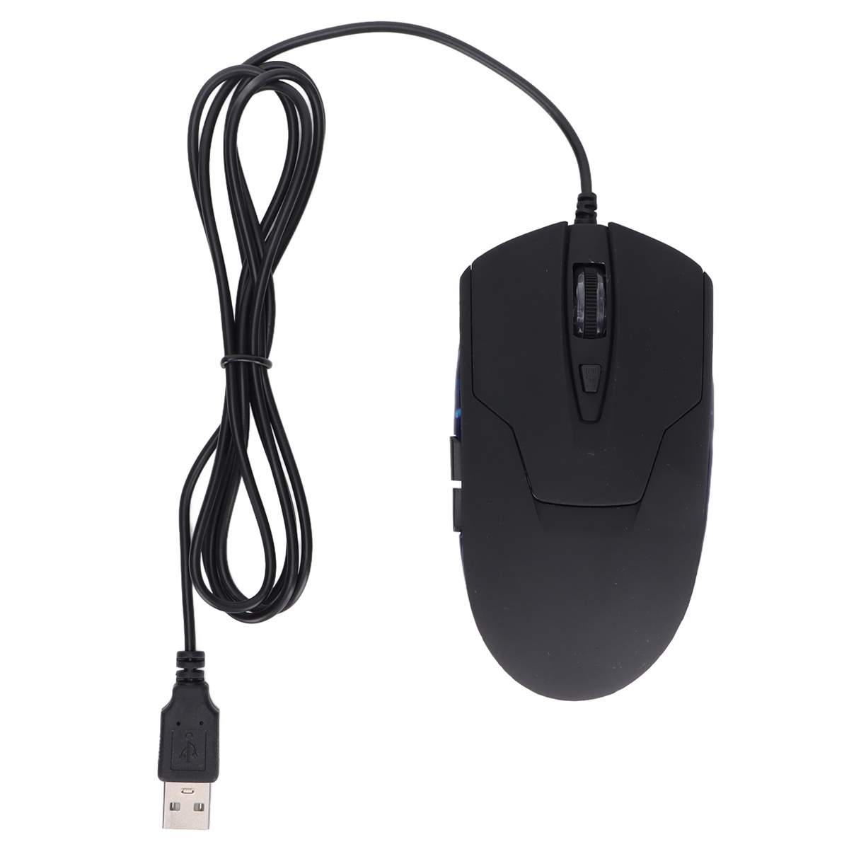 Eine schwarze Computermaus mit Kabel und USB-Anschluss, isoliert auf Weiß.