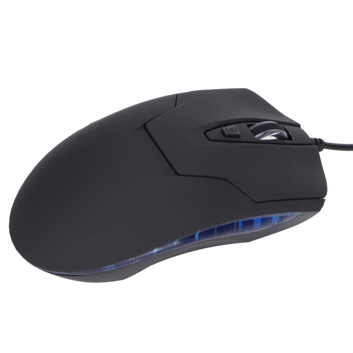 Schwarze Computermaus mit Scrollrad, Tasten und Kabel.