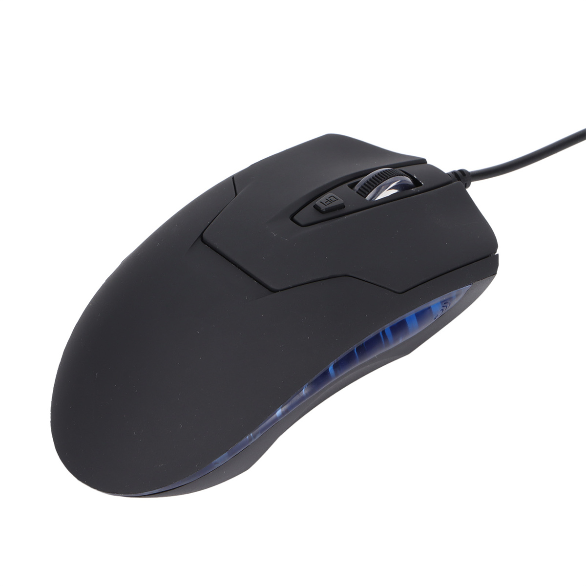 Schwarze Computermaus mit Scrollrad und Tasten. Blaues Licht sichtbar.