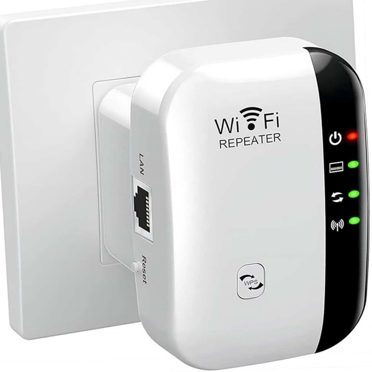 Weißer WLAN-Repeater in der Wand. Schwarz-weißes Design mit Tasten und Lichtern.