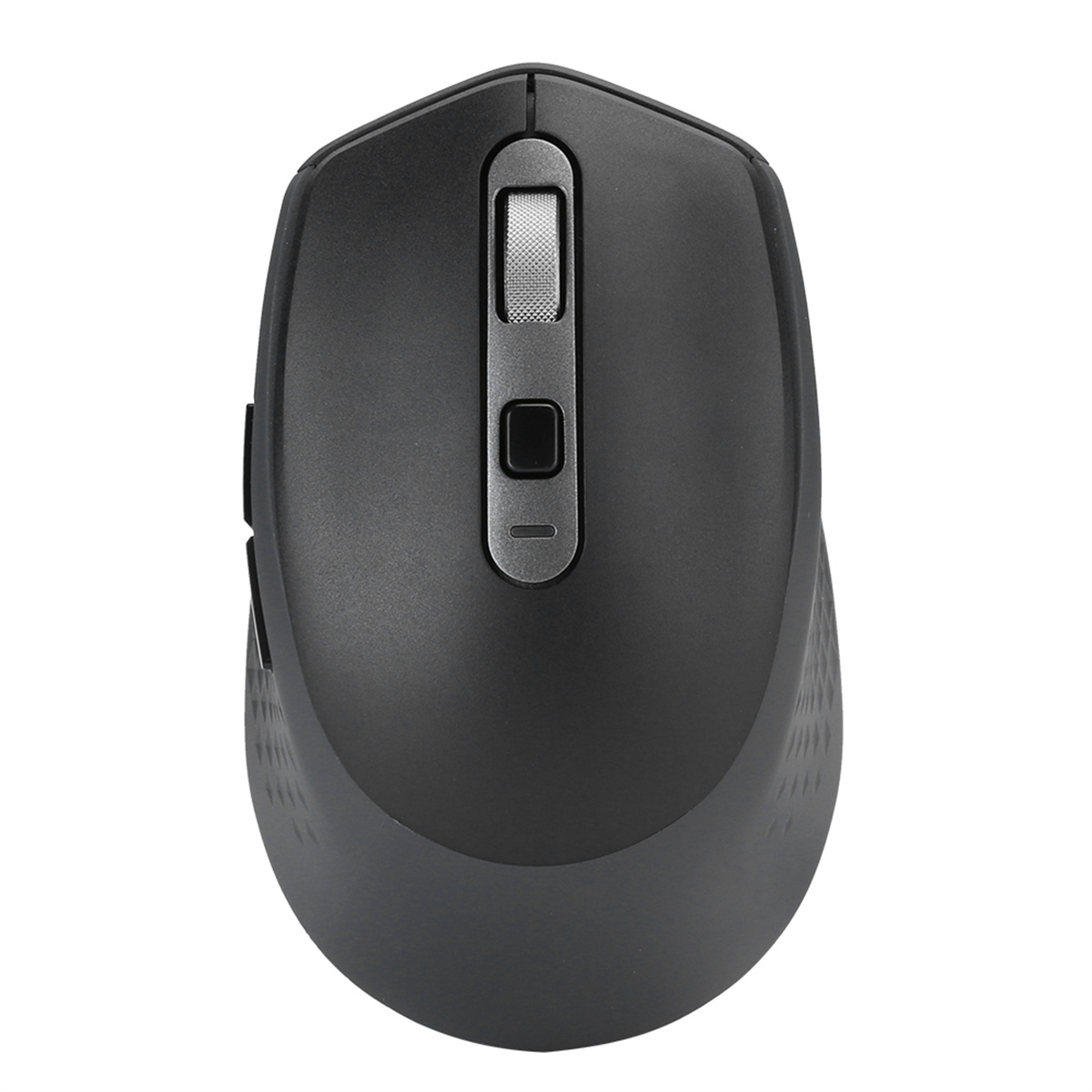 Eine schwarze Maus. Sie hat ein Scrollrad und Tasten. Die Oberfläche hat strukturierte Details.