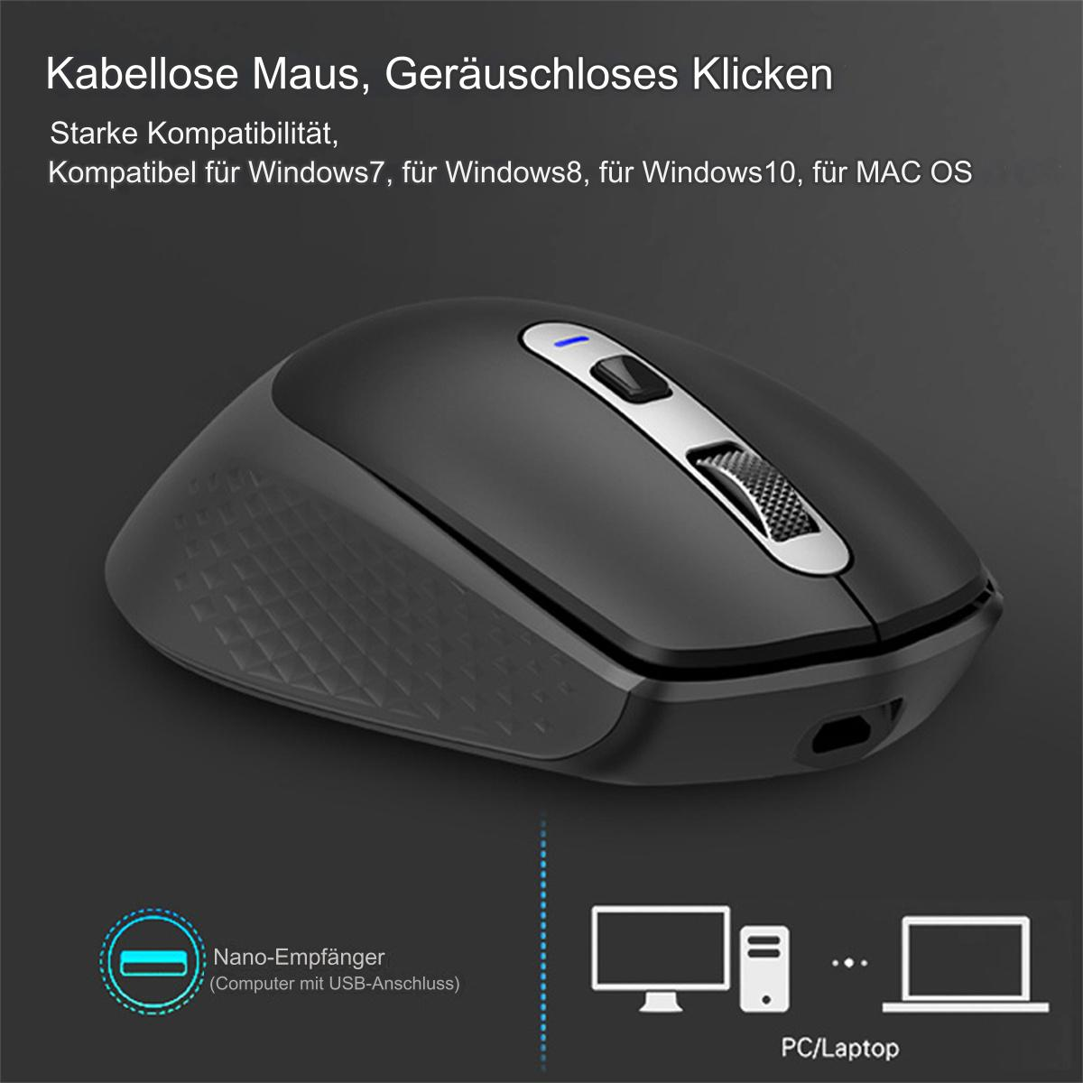 Schwarze drahtlose Maus mit USB-Empfänger. Ein Laptop und Monitor sind im Hintergrund.