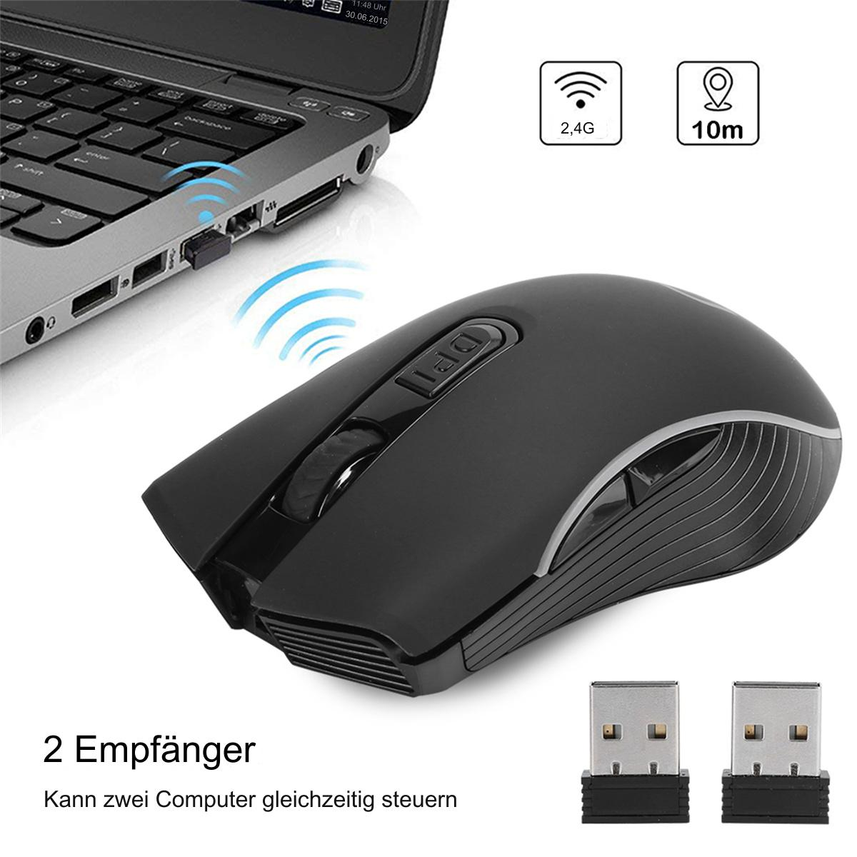 Schwarze kabellose Maus neben einem Laptop, mit USB-Empfänger und Funksignalen.