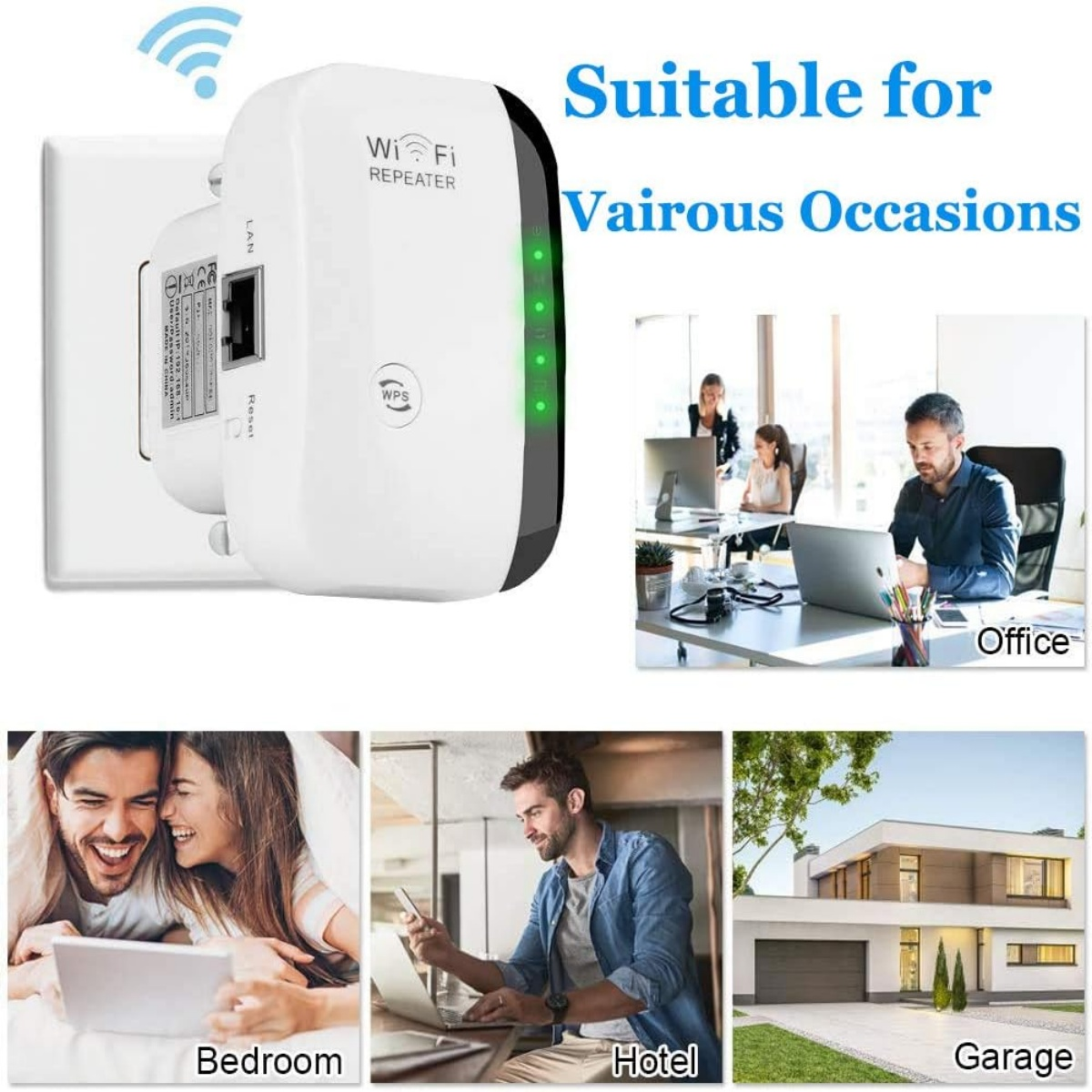 Ein weißer WLAN-Repeater, der in eine Steckdose eingesteckt ist. Bilder von verschiedenen Umgebungen: Büro, Schlafzimmer, Hotel, Garage.