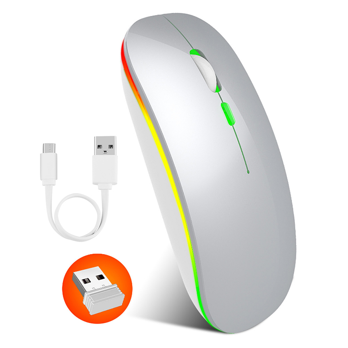 Silberne kabellose Maus mit LED-Leuchten sowie USB-Empfänger und Ladekabel.