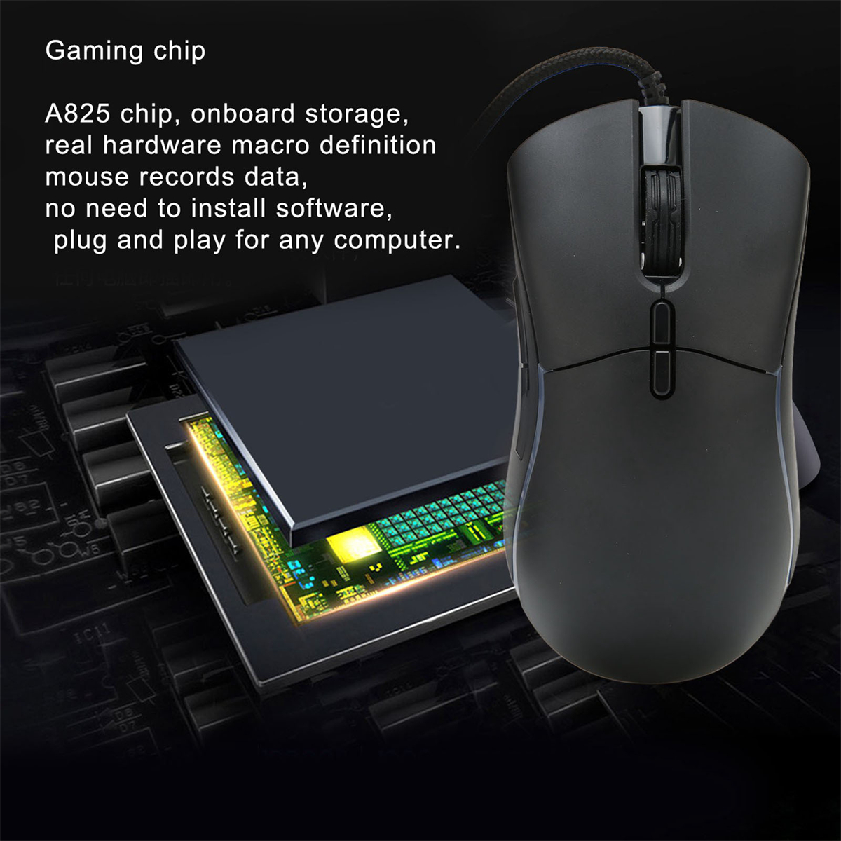 Schwarze Gaming-Maus mit Detailansicht des Chips und der internen Komponenten. Schwarzer Hintergrund.
