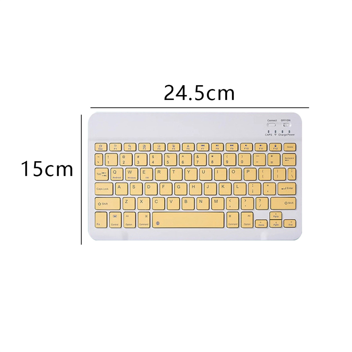 Weiße Tastatur mit gelben Tasten. Maße sind 24,5 cm x 15 cm. Weißer Hintergrund.