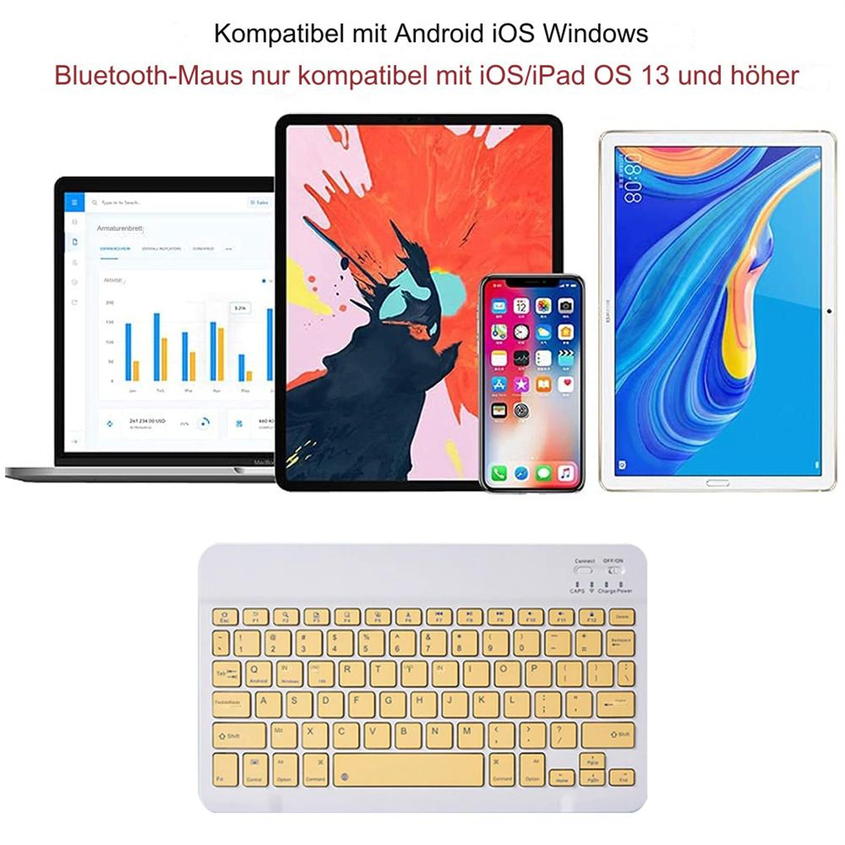 Ein Laptop, ein Tablet, ein Telefon und eine Tastatur liegen auf einer weißen Oberfläche. Die Tastatur hat gelbe Tasten.