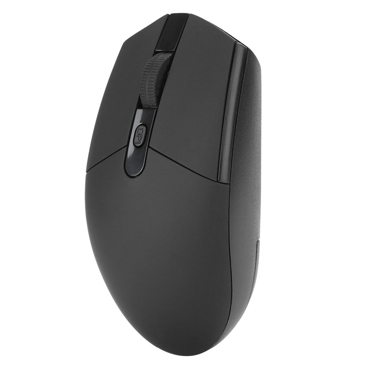 Eine schwarze Computermaus mit einem Scrollrad. Der Hintergrund ist weiß.