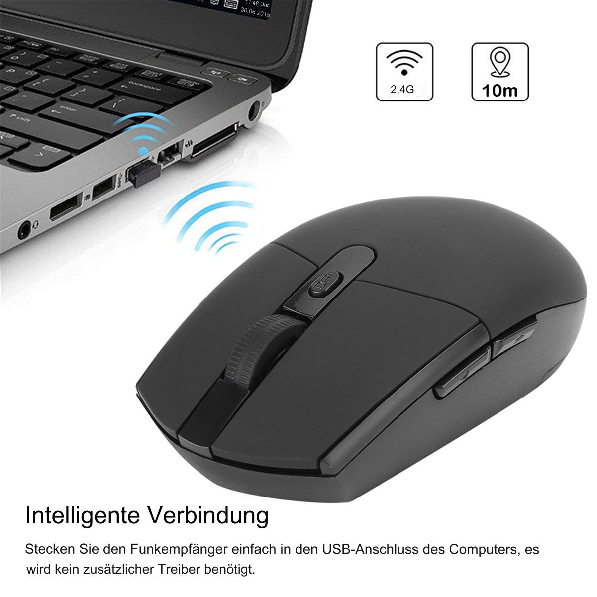 Eine schwarze kabellose Maus mit USB-Empfänger, der an einem Laptop angeschlossen ist.