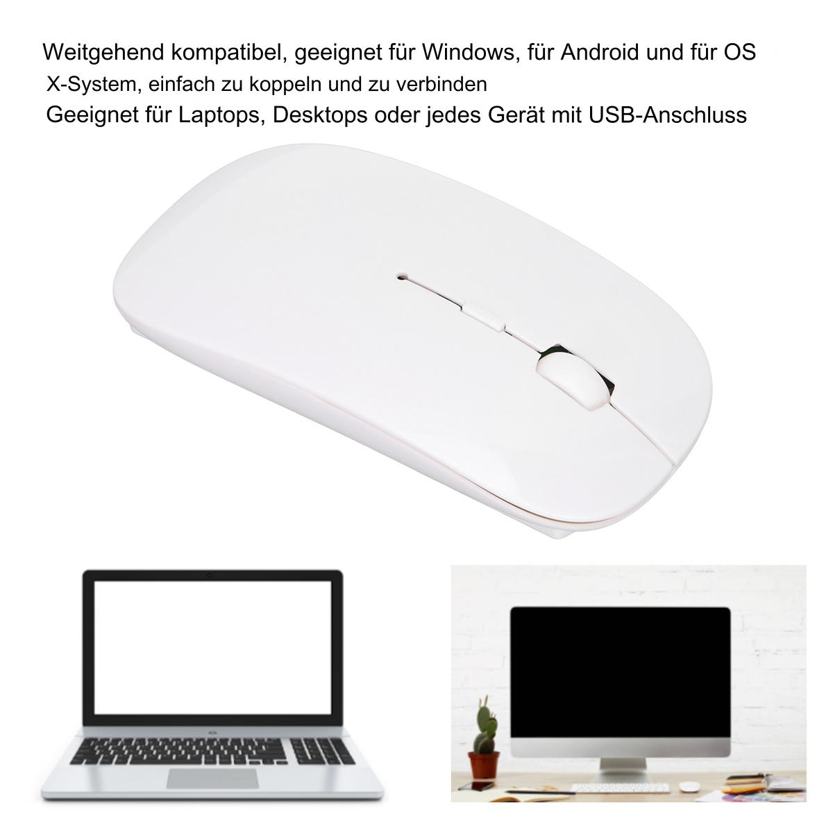 Eine weiße kabellose Maus mit einem Laptop und einem Desktop-Computer im Hintergrund.