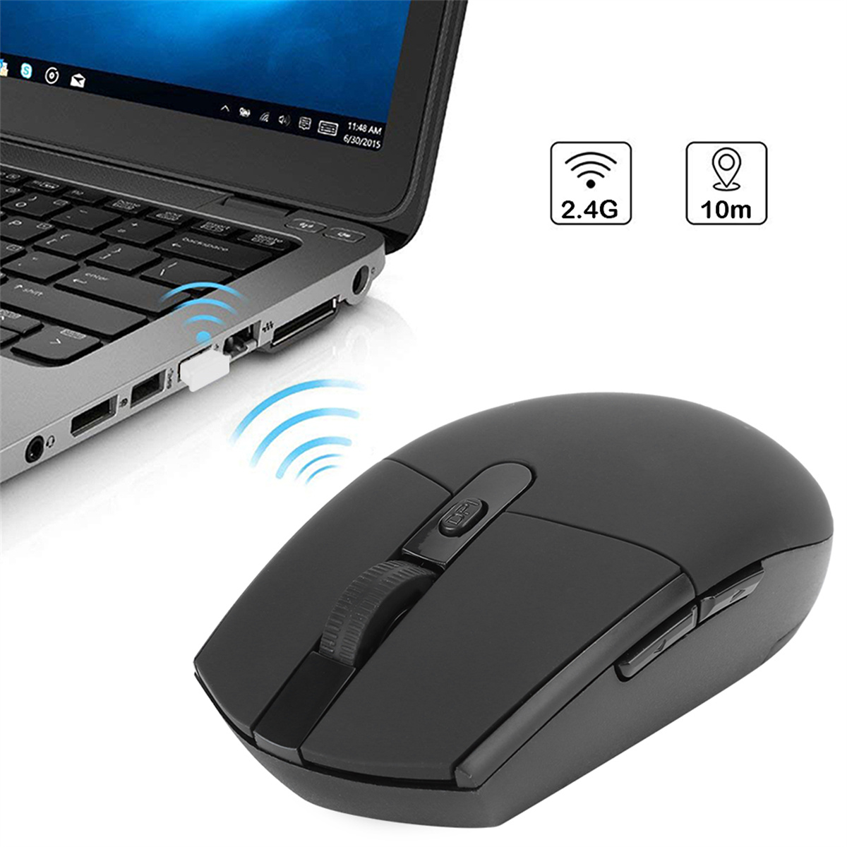 Schwarze kabellose Maus neben einem Laptop, mit 2,4G- und 10m-Symbolen.
