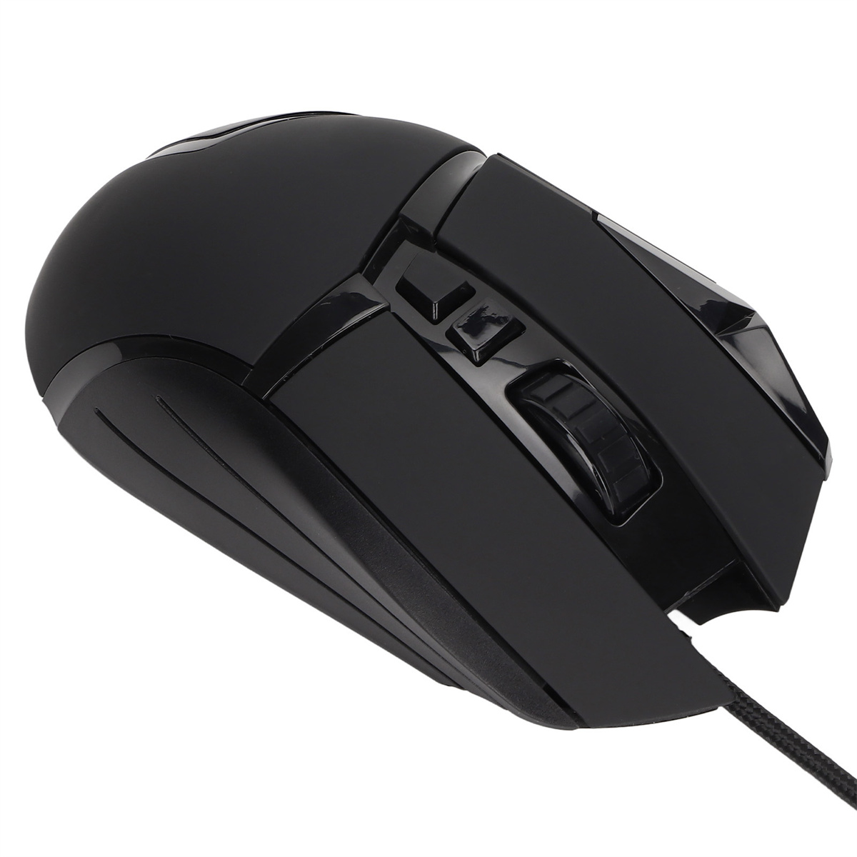 Schwarze Gaming-Maus mit Tasten und einem Scrollrad, Ansicht von oben.