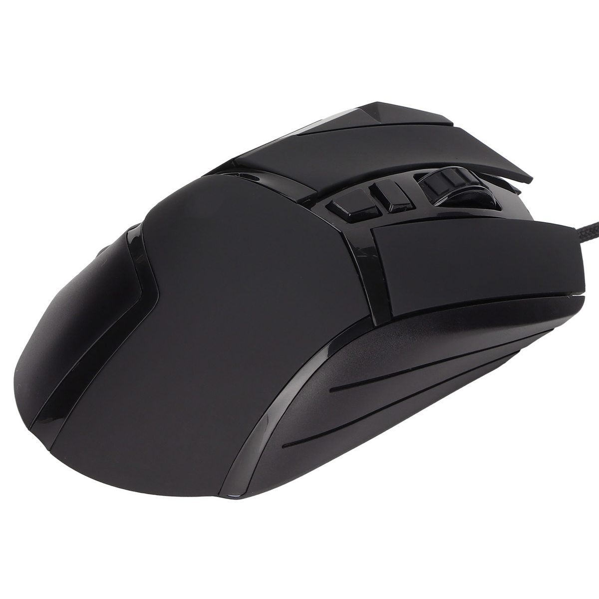 Schwarze Gaming-Maus mit Tasten und einem Scrollrad auf weißem Hintergrund.