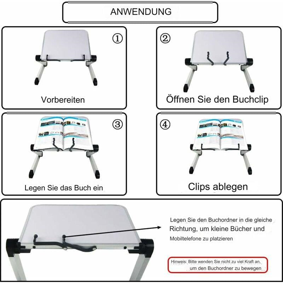 Diagramm zeigt die Einrichtung eines Buchständers, mit Schritten auf Deutsch beschriftet.