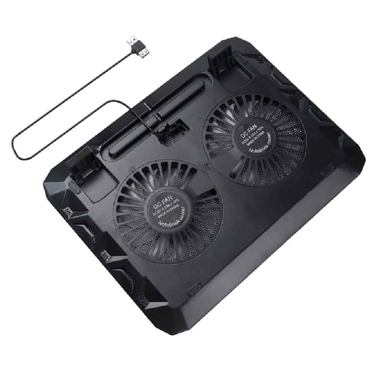 Schwarzes Laptop-Kühlpad mit zwei Lüftern, USB-Kabel und DC-Lüfterspezifikationen.