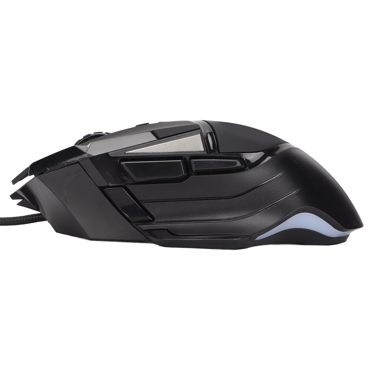 Eine schwarze Gaming-Maus mit schlankem Design, mehreren Tasten und einem Scrollrad.