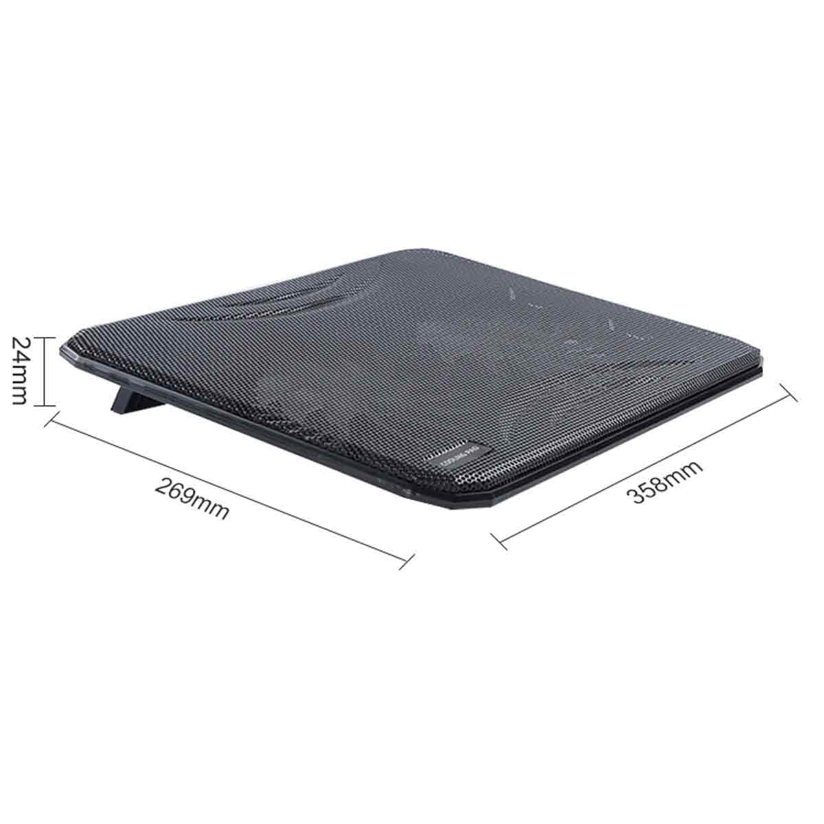 Schwarzes Laptop-Kühlpad mit den Maßen: 24mm, 269mm und 358mm.