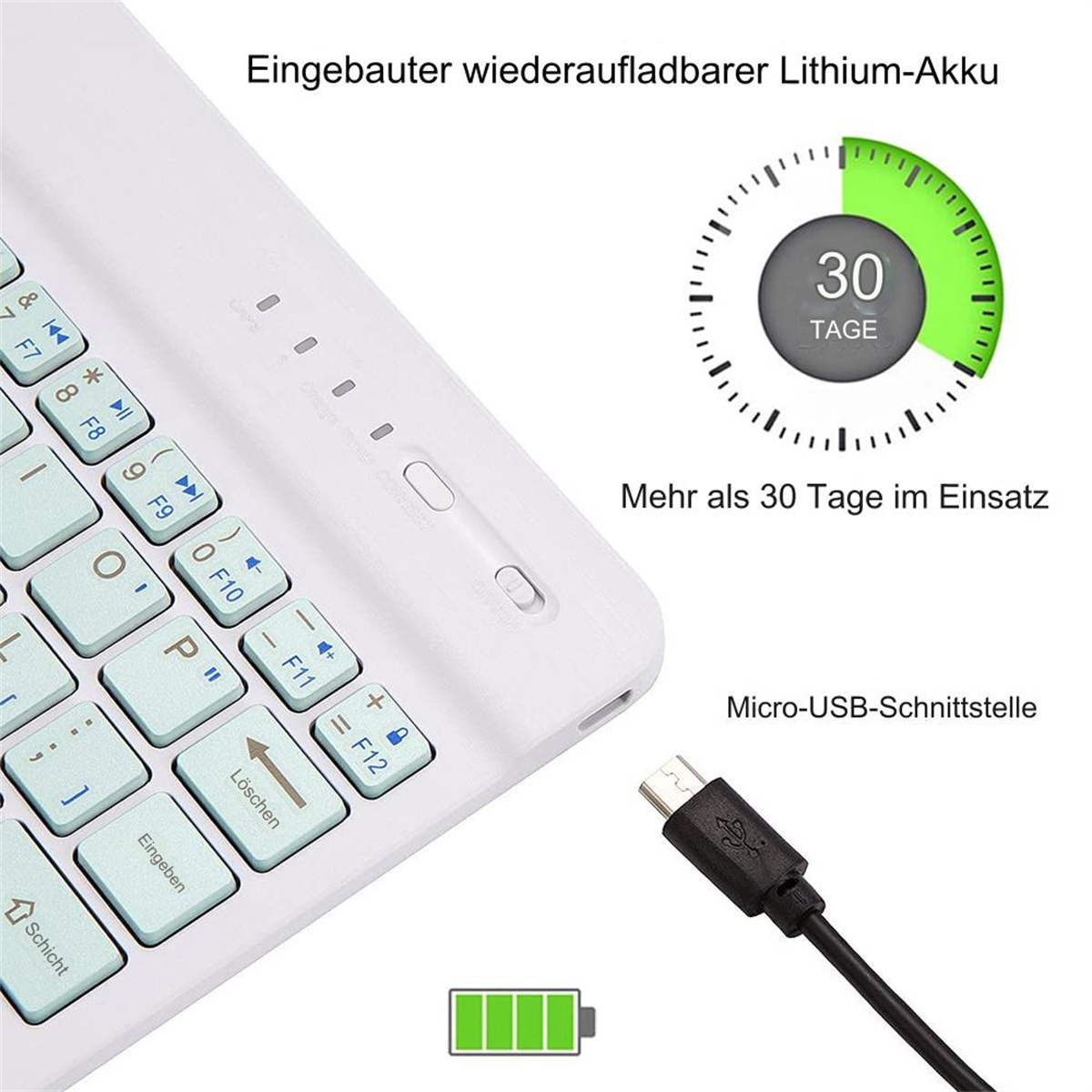 Weiße Tastatur mit Akkuanzeige und USB-Anschluss. Text: 30 Tage.