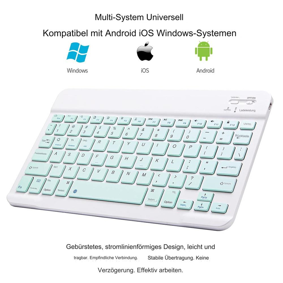 Eine weiße Tastatur mit mintgrünen Tasten, mit Multi-System-Kompatibilitäts-Symbolen.