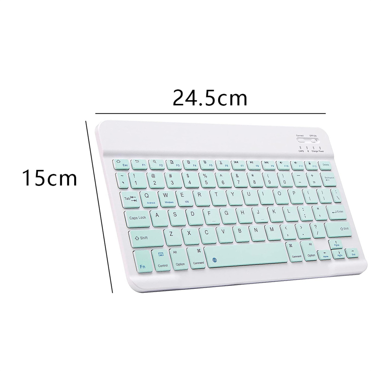 Weiße Tastatur mit grünen Tasten. Maße sind 24,5 cm x 15 cm. Weißer Hintergrund.