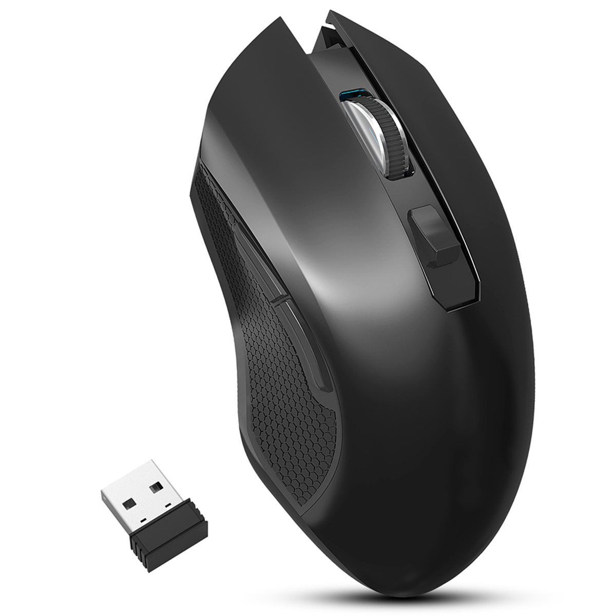 Schwarze kabellose Maus mit USB-Empfänger. Die Maus hat ein Scrollrad und Tasten.