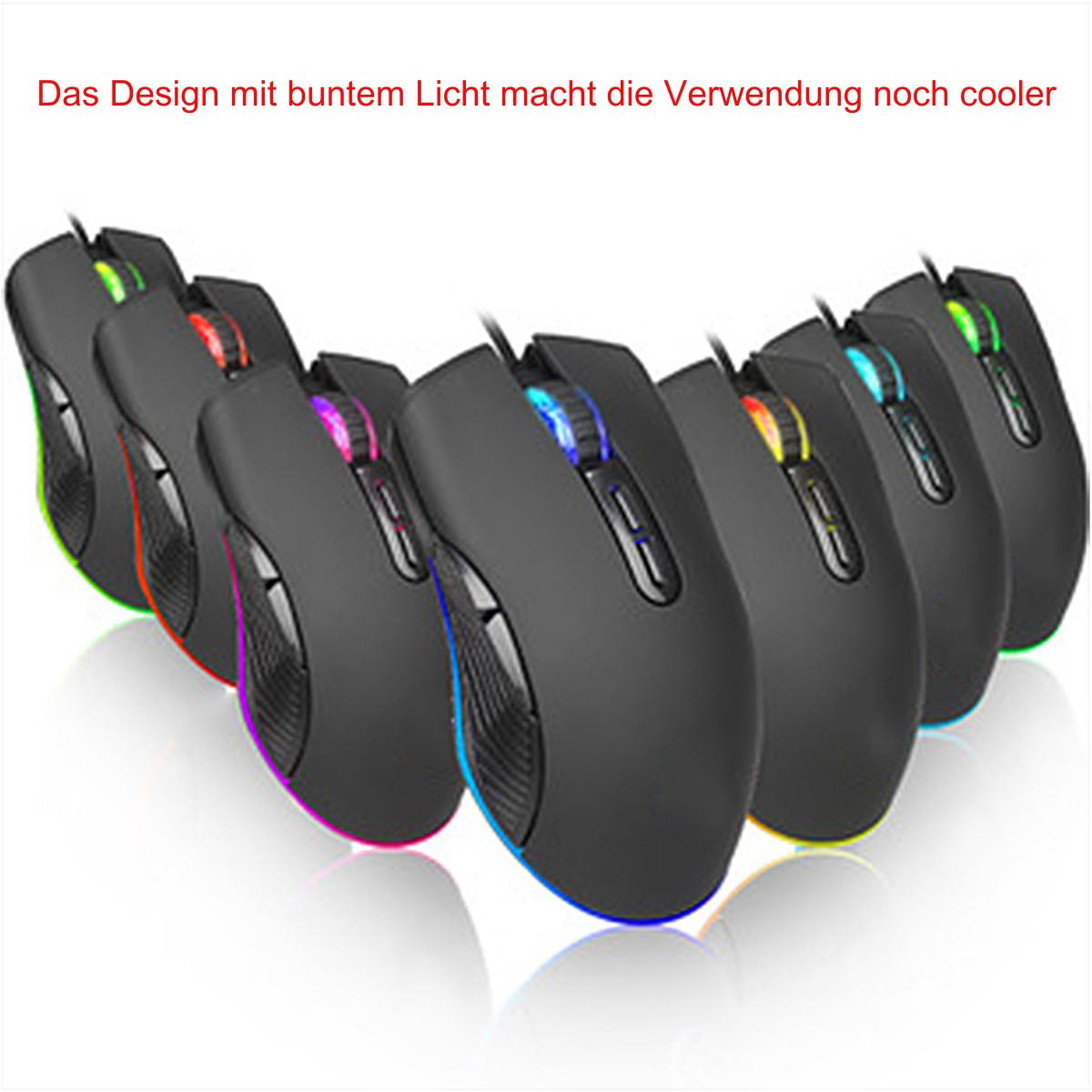 Sechs schwarze Computermäuse mit bunten Lichtern. Der Text oben lautet: "Das Design mit bunten Lichtern macht es cooler."